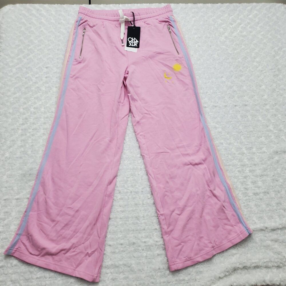 Chaser Celestial Sun Moon Stars Womens Wide Leg Sweatpants L Pink Striped NWT